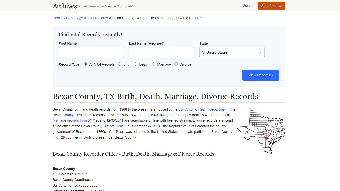 Bexar County, TX Birth, Death, Marriage, Divorce Records